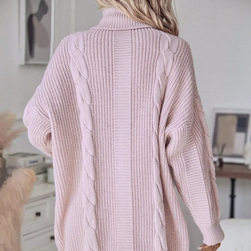 Baby Pink Casual Womens Turtleneck Cable Knit Drop Shoulder Sweater Dress - Picture 2 of 5